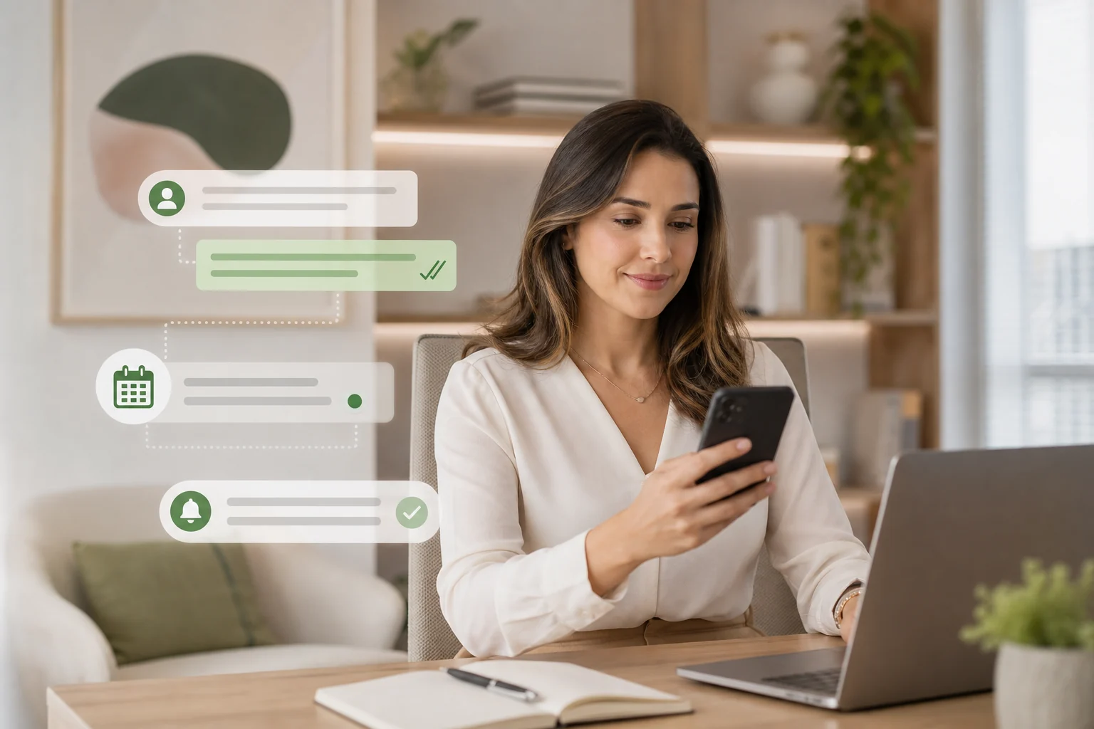 Psicóloga enviando lembretes de consultas aos pacientes pelo WhatsApp no PsiGo